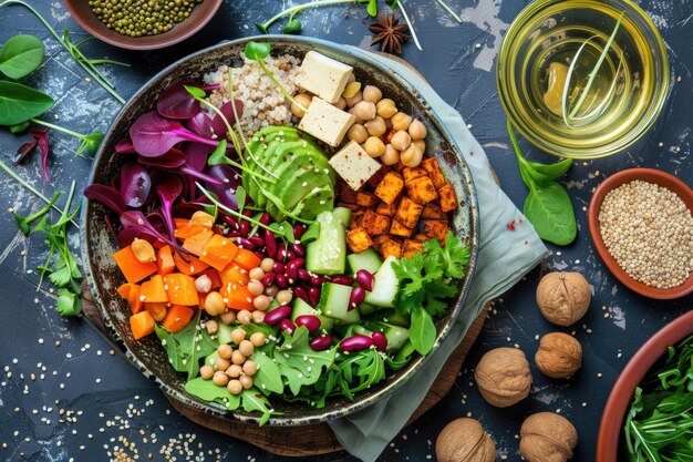 Uma tigela vibrante cheia de alimentos saudáveis e ricos em proteínas vegetais
