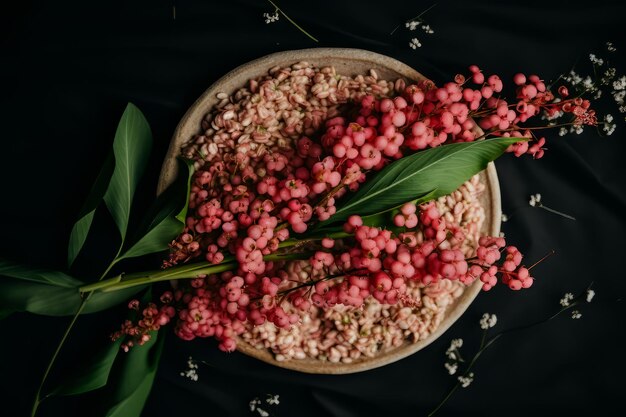 Uma tigela vibrante de frutas vermelhas e folhas verdes frescas