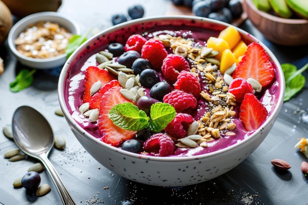 Foto uma tigela vibrante de smoothie de acai adornada com frutas e nozes coloridas