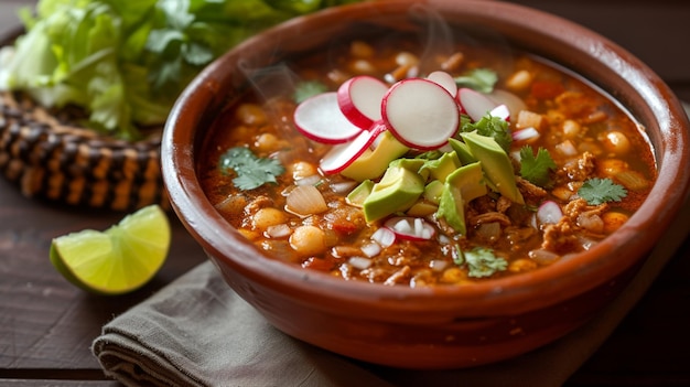 uma tigela vibrante e fumegante de pozole, um guisado tradicional mexicano rico em história e sabor