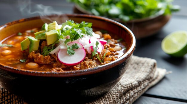 uma tigela vibrante e fumegante de pozole, um guisado tradicional mexicano rico em história e sabor