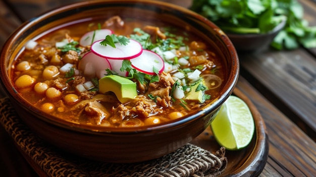 uma tigela vibrante e fumegante de pozole, um guisado tradicional mexicano rico em história e sabor