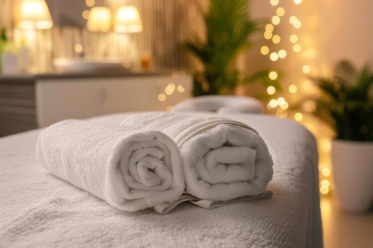Foto uma toalha branca de pelúcia cuidadosamente dobrada em uma mesa de massagem em um salão de spa moderno e sereno com iluminação ambiente