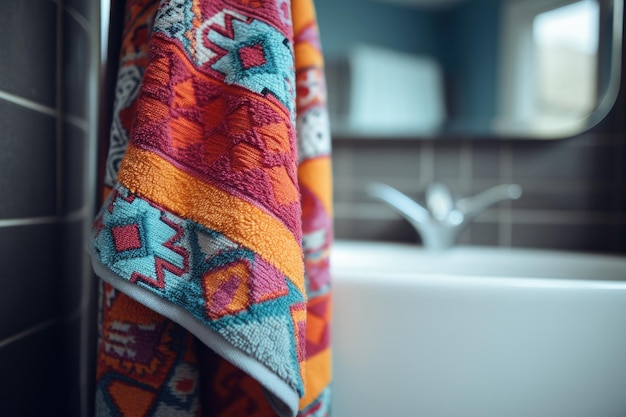 Uma toalha colorida pendurada na pia do banheiro