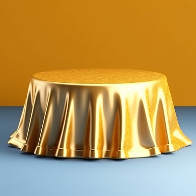 Uma toalha de mesa dourada com uma capa dourada está sobre uma superfície azul.