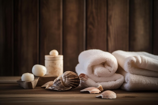 Uma toalha e uma banheira estão sobre uma mesa de madeira com conchas e uma concha sobre ela.