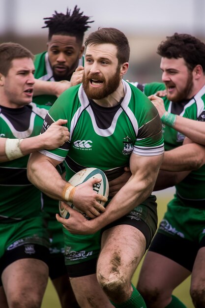 Foto uma tomada de ação dinâmica de uma partida de rugby com tema do dia de são patrício