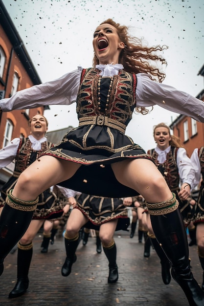 Foto uma tomada de alta velocidade de dançarinos irlandeses no meio da apresentação