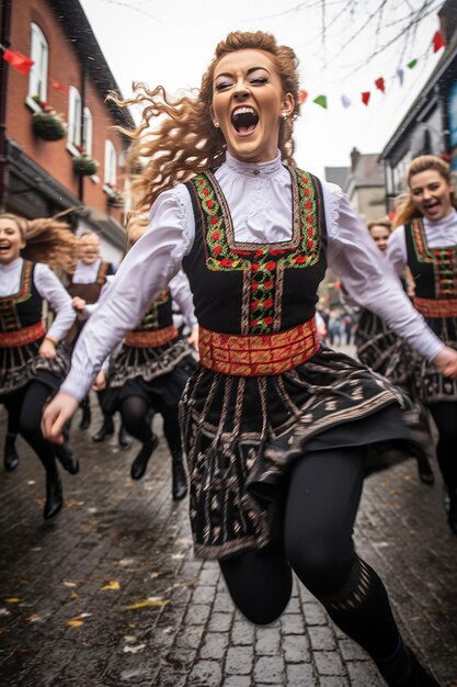 Foto uma tomada de alta velocidade de dançarinos irlandeses no meio da apresentação