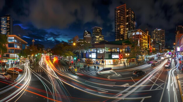 Uma tomada de exposição longa de um cruzamento movimentado na cidade à noite As trilhas de luz dos carros criam um movimento colorido