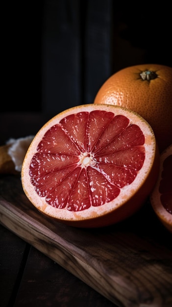 Uma toranja cortada ao meio em uma placa de corte IA generativa