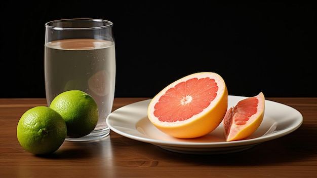 Uma toranja e um limão num prato com um copo de água