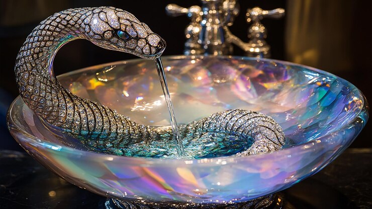 Foto uma torneira em forma de cobra sobre um elegante arco-íris puro. uma tigela de opal cheia de água. a cauda das cobras enrolada.