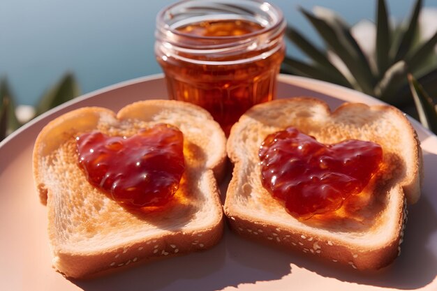 Uma torrada amarela dourada num prato branco com geleia de frutas vermelhas em forma de coração é uma maneira bonita de expressar o seu amor preocupado que a pessoa que você ama esteja com fome de manhã, o pequeno-almoço é preparado para eles.