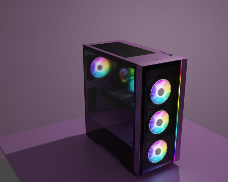 Foto uma torre de computador roxa com o número 1 nela