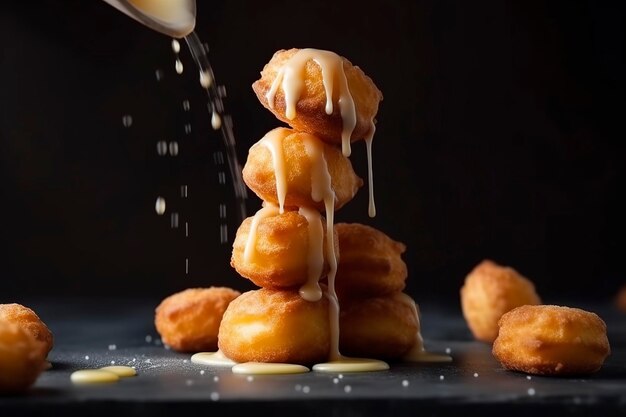 Uma torre de delicados croquembouches amanteigados recheados com creme cremoso e regados com caramelo