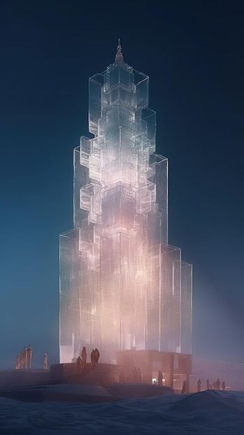 Uma torre de gelo futurista iluminando uma paisagem nevada