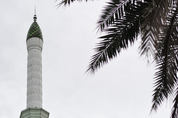 Uma torre de mesquita com telhado verde e uma palmeira ao fundo.