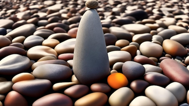 Uma torre de pedra fica sobre uma pilha de seixos com uma bola em cima.