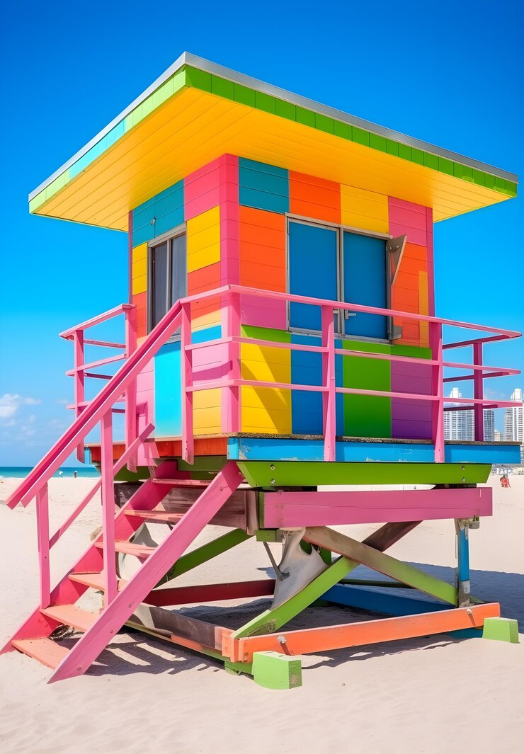 Foto uma torre de salva-vidas colorida numa praia com a palavra miami.