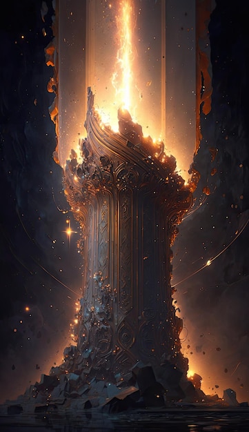 Uma torre em chamas com a palavra fogo nela