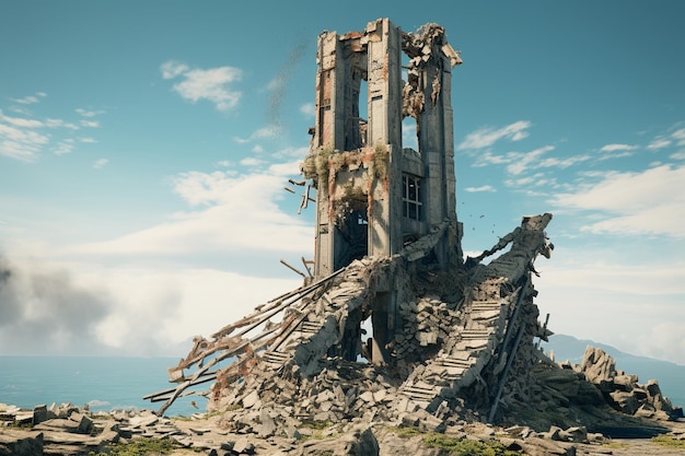 Uma torre em ruínas erguida precariamente na borda de um penhasco