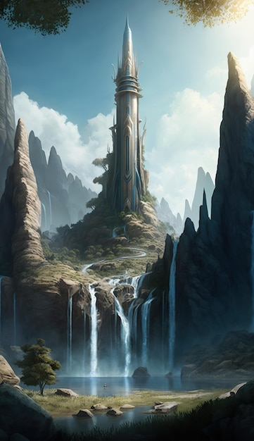 Uma torre misteriosa no centro de uma cidade elfa em uma planície em Waterfalls Fantasy