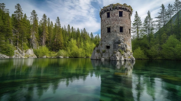 Uma torre no lago é cercada por árvores e a água é cercada por árvores.