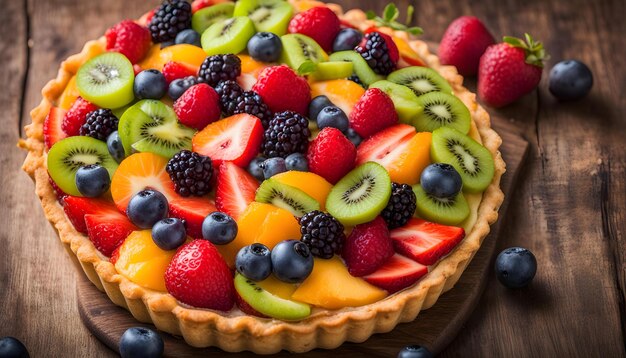 uma torta com frutas em cima dela senta-se em uma mesa de madeira