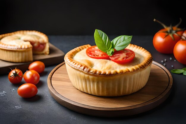 Uma torta com tomate e manjericão em uma placa de madeira