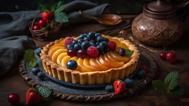 Uma torta de frutas com recheio de frutas por cima