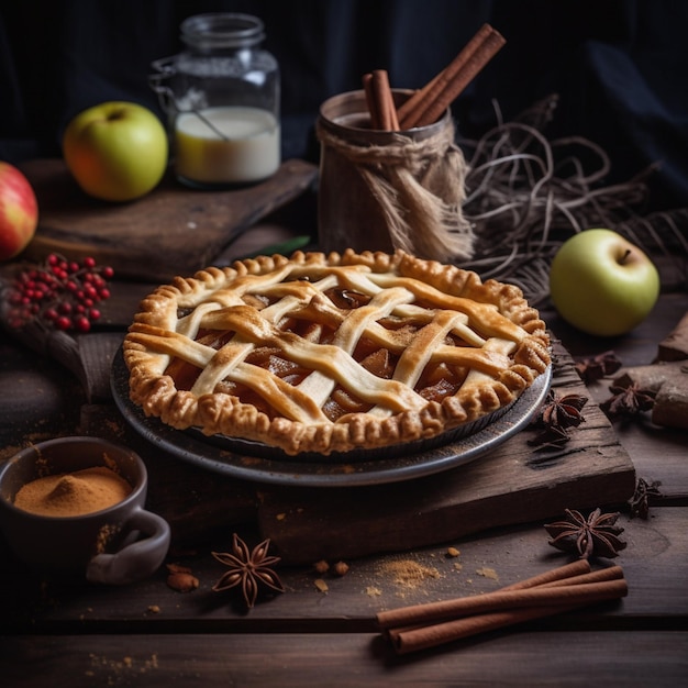 Uma torta de maçã tradicional com paus de canela e paus de canela em uma mesa de madeira.