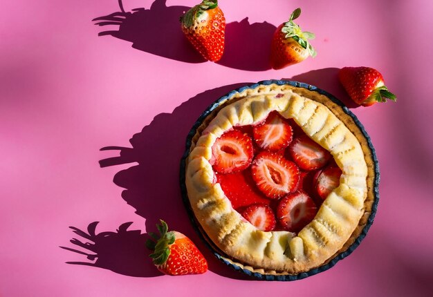 Foto uma torta de morango com morangos em um fundo rosa