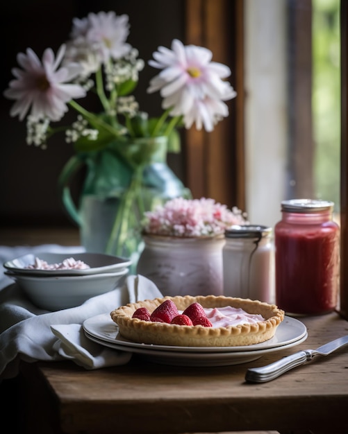 Uma torta de morango está sobre uma mesa ao lado de um vaso de flores.