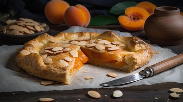 Uma torta galette de pêssego com amêndoas em uma mesa de madeira