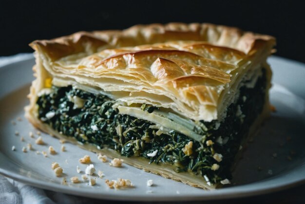 Foto uma torta saborosa feita com camadas de pastel de filo flocoso cheio de espinafre