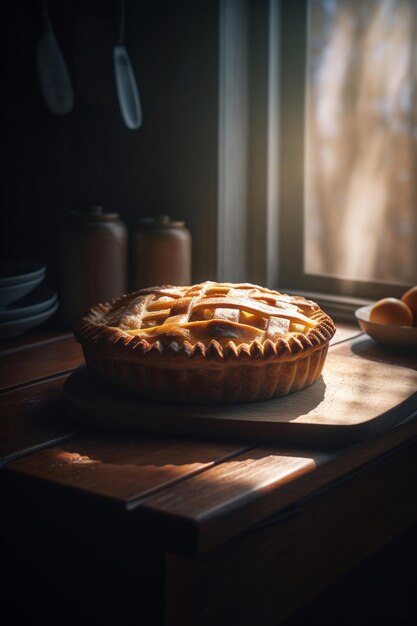 Uma torta sobre uma mesa com uma janela atrás dela