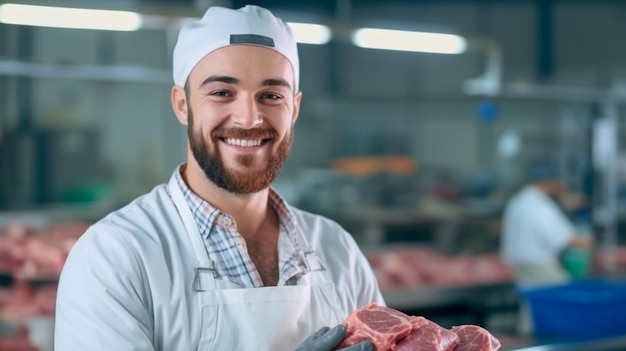 Uma trabalhadora alegre da indústria de carnes fica na instalação enquanto carrega carne em um pacote Generative AI