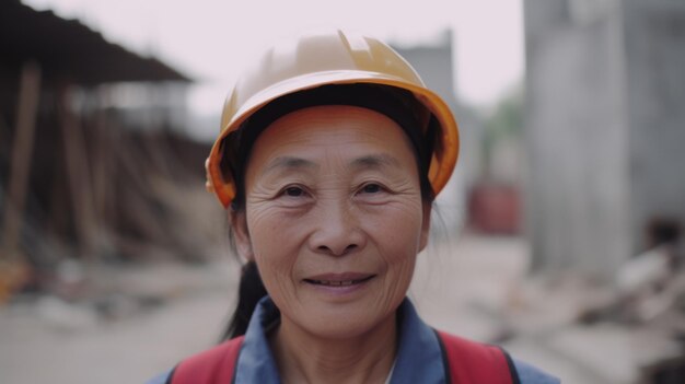 Uma trabalhadora da construção civil chinesa sênior sorridente em pé no canteiro de obras