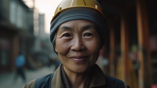 Uma trabalhadora da construção civil chinesa sênior sorridente em pé no canteiro de obras