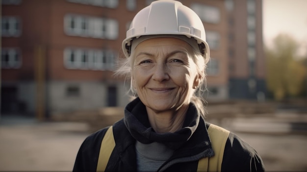 Uma trabalhadora de construção sueca sênior sorridente em pé no canteiro de obras
