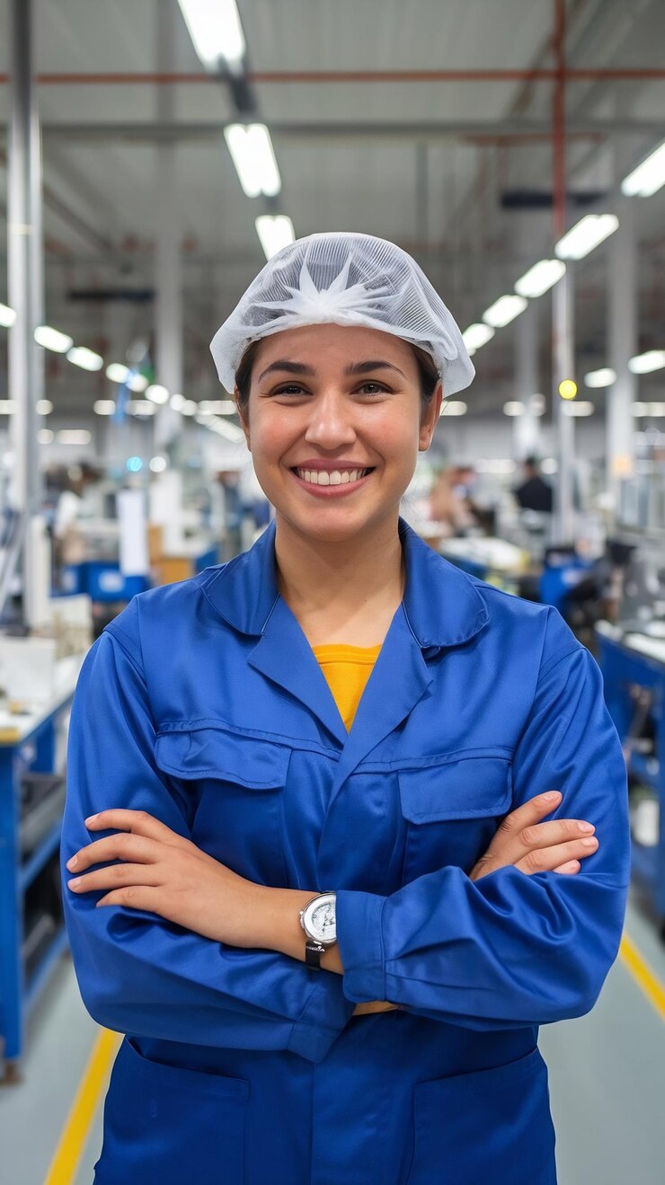 Foto uma trabalhadora de fábrica eletrônica hispânica sorridente de pé na fábrica