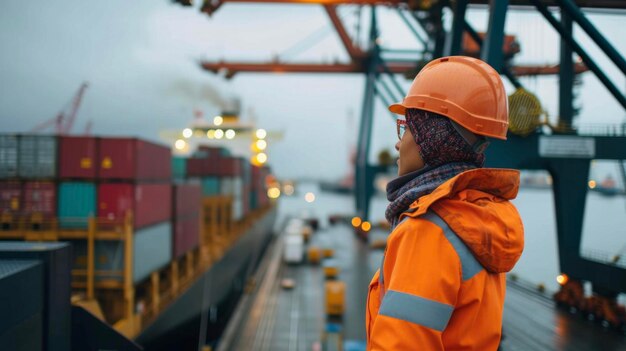 Uma trabalhadora portuária habilmente operando um grande guindaste para carregar e descarregar carga de um cargueiro