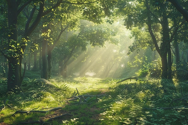 Uma tranquila clareira florestal banhada pela luz do sol