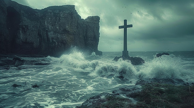 Uma tranquila enseada costeira com uma cruz de fundo