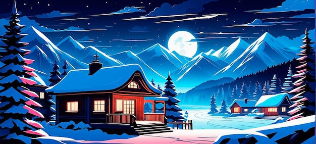 Uma tranquila paisagem de vale de inverno à noite com casas em estilo cartoon