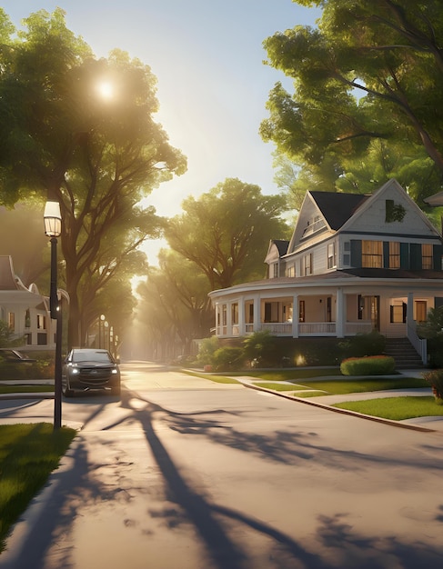 Uma tranquila rua suburbana arborizada com varandas cobertas de sombra