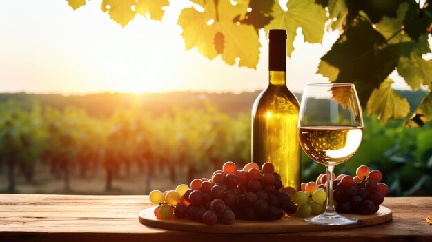 Foto uma tranquila vista do pôr-do-sol com um copo de vinho branco e uvas em uma mesa de vinha
