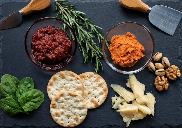 Uma travessa de queijo escuro com molho de harissa e tomate, queijo, alecrim, espinafre, nozes e biscoitos