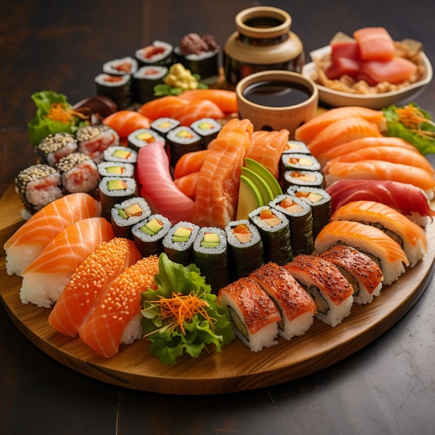Uma travessa de sushi com uma variedade de pãezinhos, incluindo